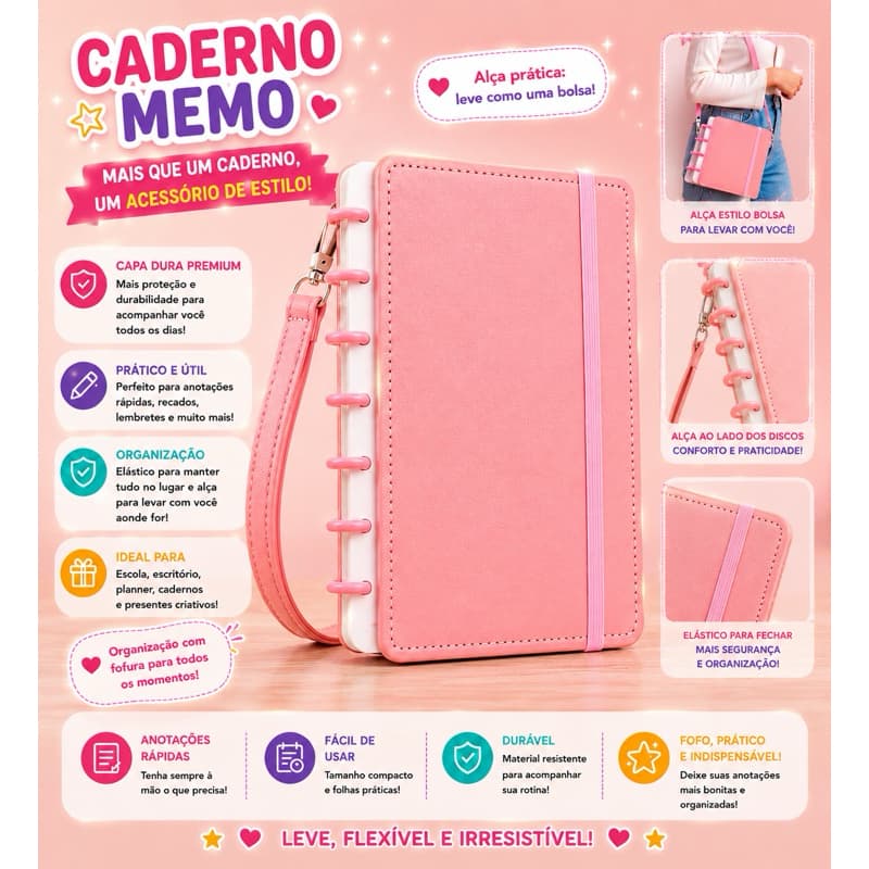Caderno 8 Discos A5 Capa Dura Rosa com Alça e Elástico