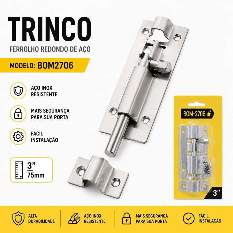 Ferrolho Redondo 3 Polegadas Aço Inoxidável Reforçado Para Portas e Portões BOM-2706