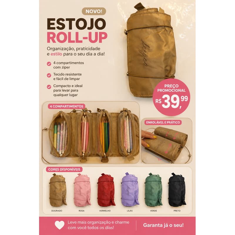 Estojo Roll-Up com 4 Compartimentos e Zíper – Organizador para Canetas e Material Escolar