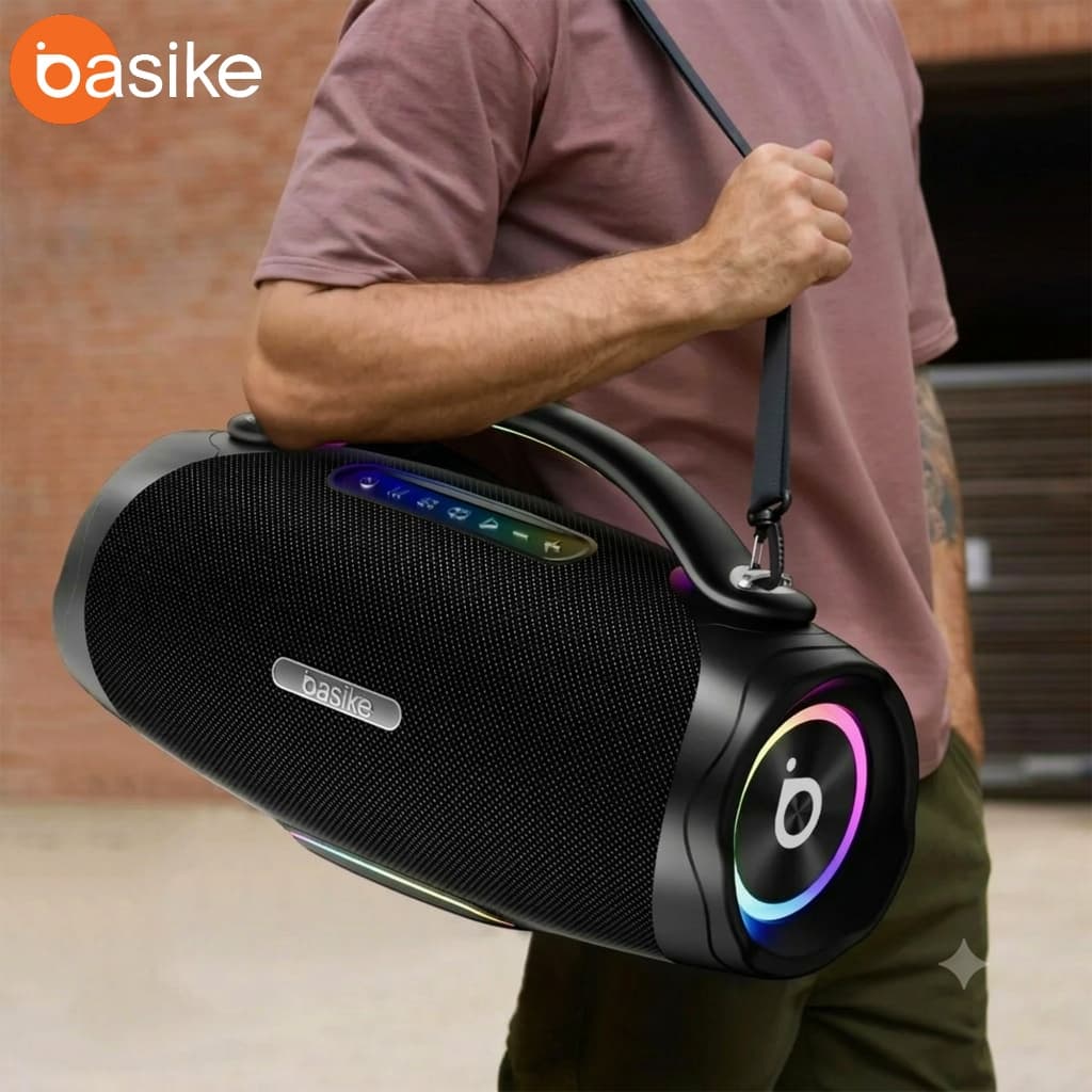 Caixa de Som Bluetooth BASIKE 10000mAh com Som Estéreo RGB de 100W/200W e Iluminação Incrível para Festas em Família
