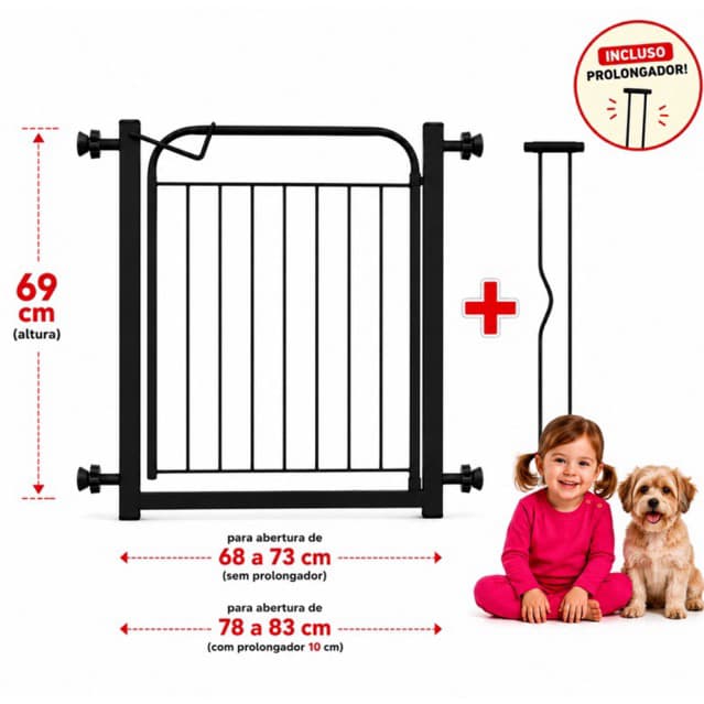 Grade Portão de Proteção Bebê e Pet Cachorro Ajustável 69 a 84 cm Segurança Crianças Cães