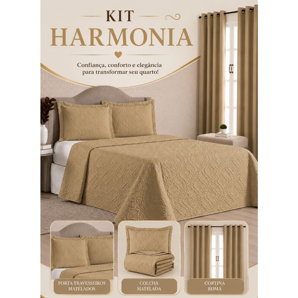 Kit Quarto Harmonia Luxo Completo – Cobre Leito + Cortina Roma 3M + Porta Travesseiros