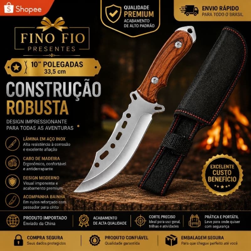 Faca Tática Curva 10 Pol Aço Inox Importada Cabo Madeira Bainha Nylon Camping Pesca