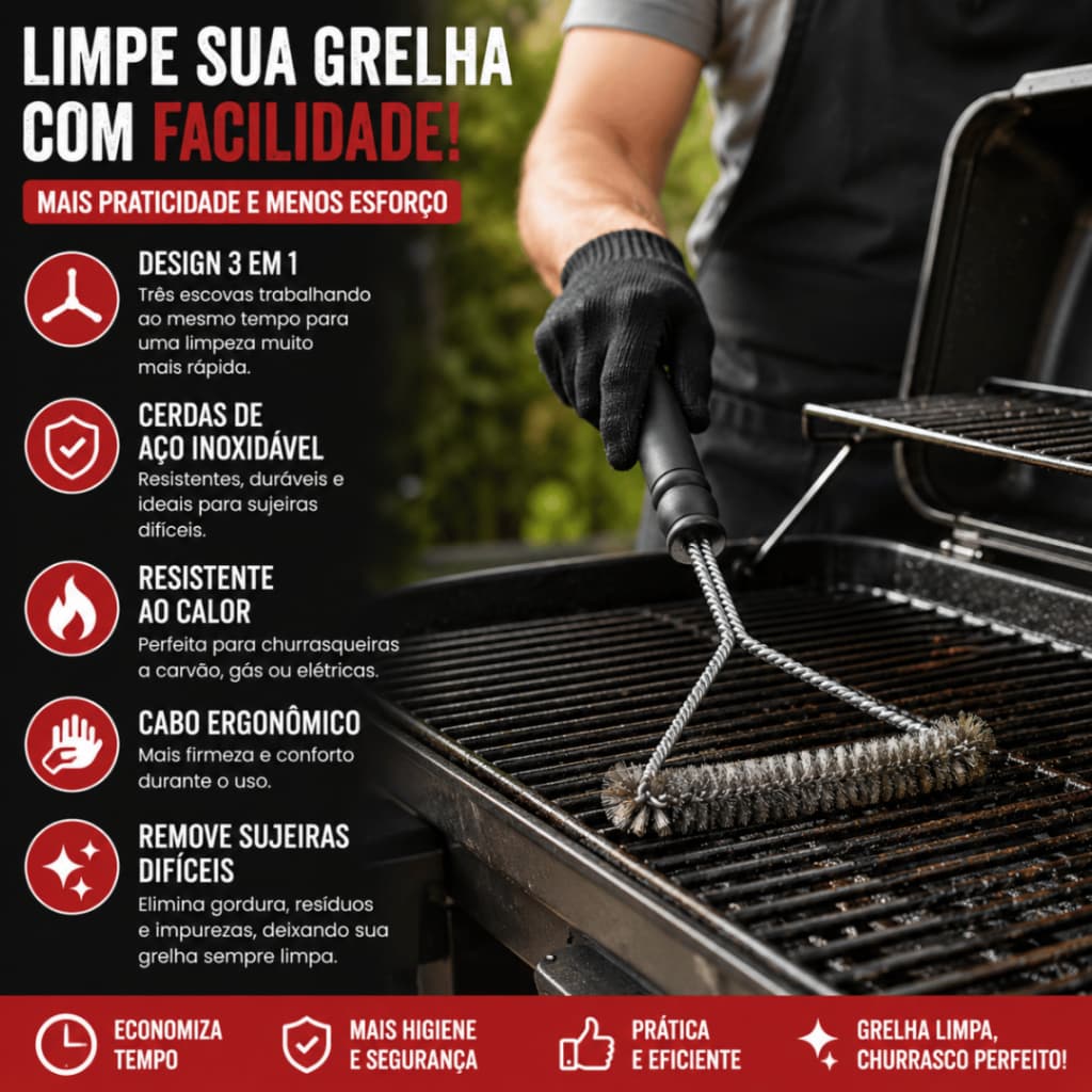 🔥🧽 Escova Limpa Grelha Churrasqueira 3 Em 1 Cerdas De Aço Inox
