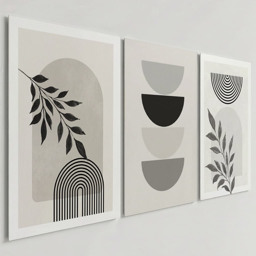 Kit 3 Quadros Decorativos Folhagens Geométricas Minimalistas Preto e Branco Sala Quarto Escritório