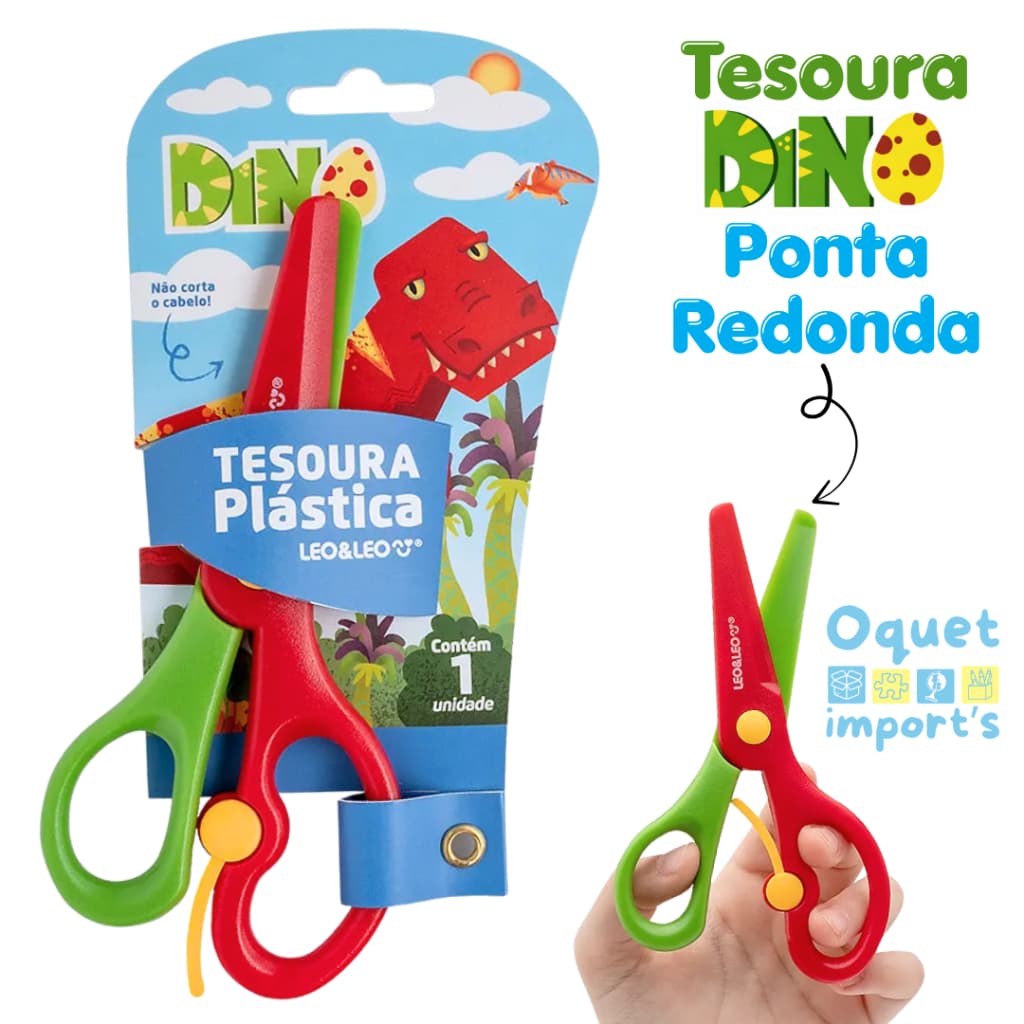 Tesoura Escolar Infantil Plástica Dino Sem Ponta e Com Protetor Não Corta Cabelo Leo&Leo
