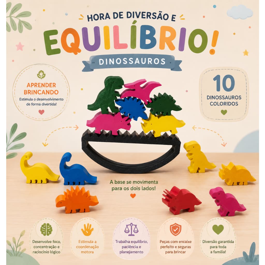 Jogo de Equilíbrio Dinossauros Educativo Infantil – 10 Peças Coloridas Montessori