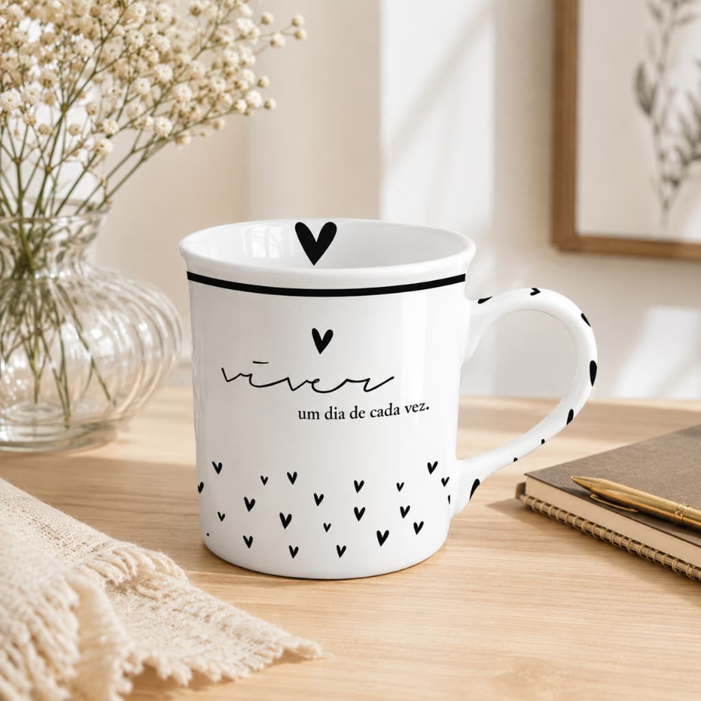 Caneca Porcelana 300ml Frase Viver um Dia De Cada Vez Presente Casa Café Chá