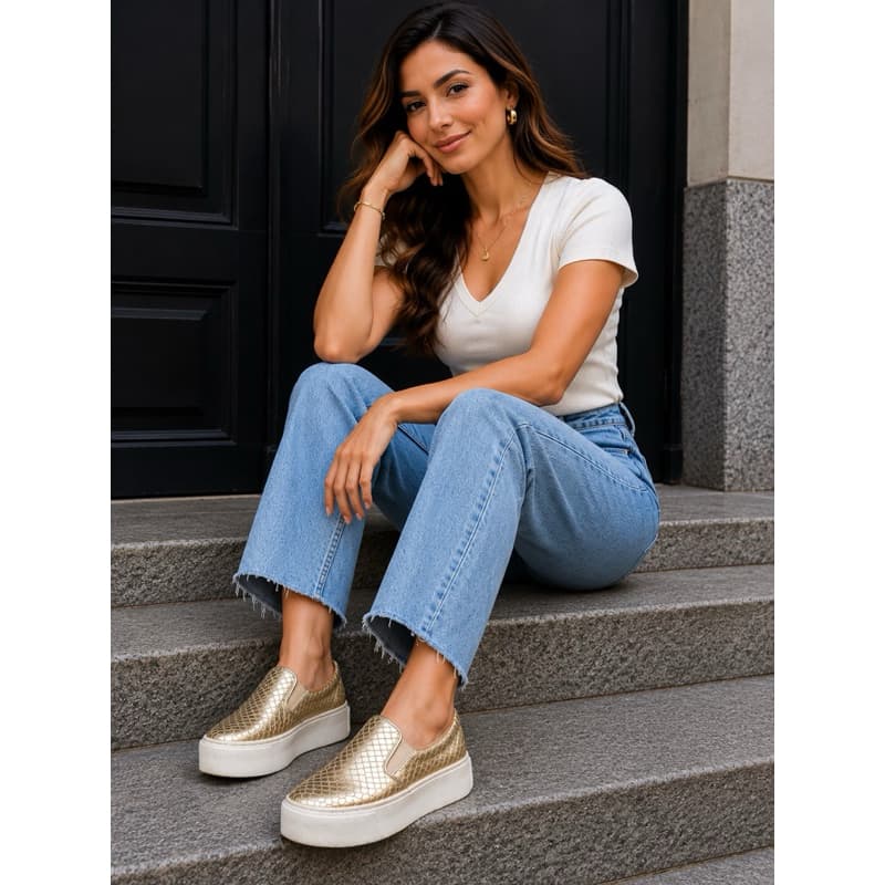 Tênis Slip On Feminino Dourado Metalizado Plataforma Flatform Casual Tam. 36