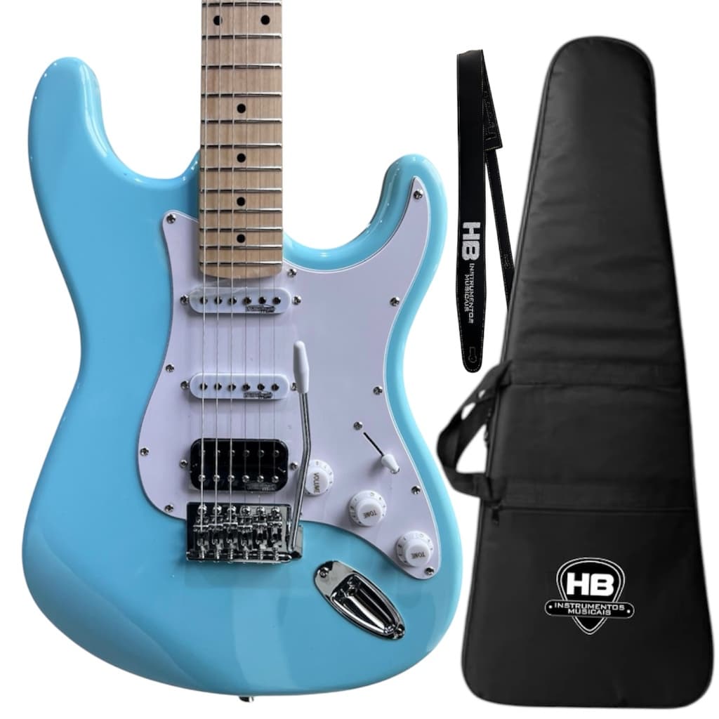 KIT GUITARRA ELÉTRICA SHELTER STRATOCASTER SSW BRANCA AZUL NATURAL