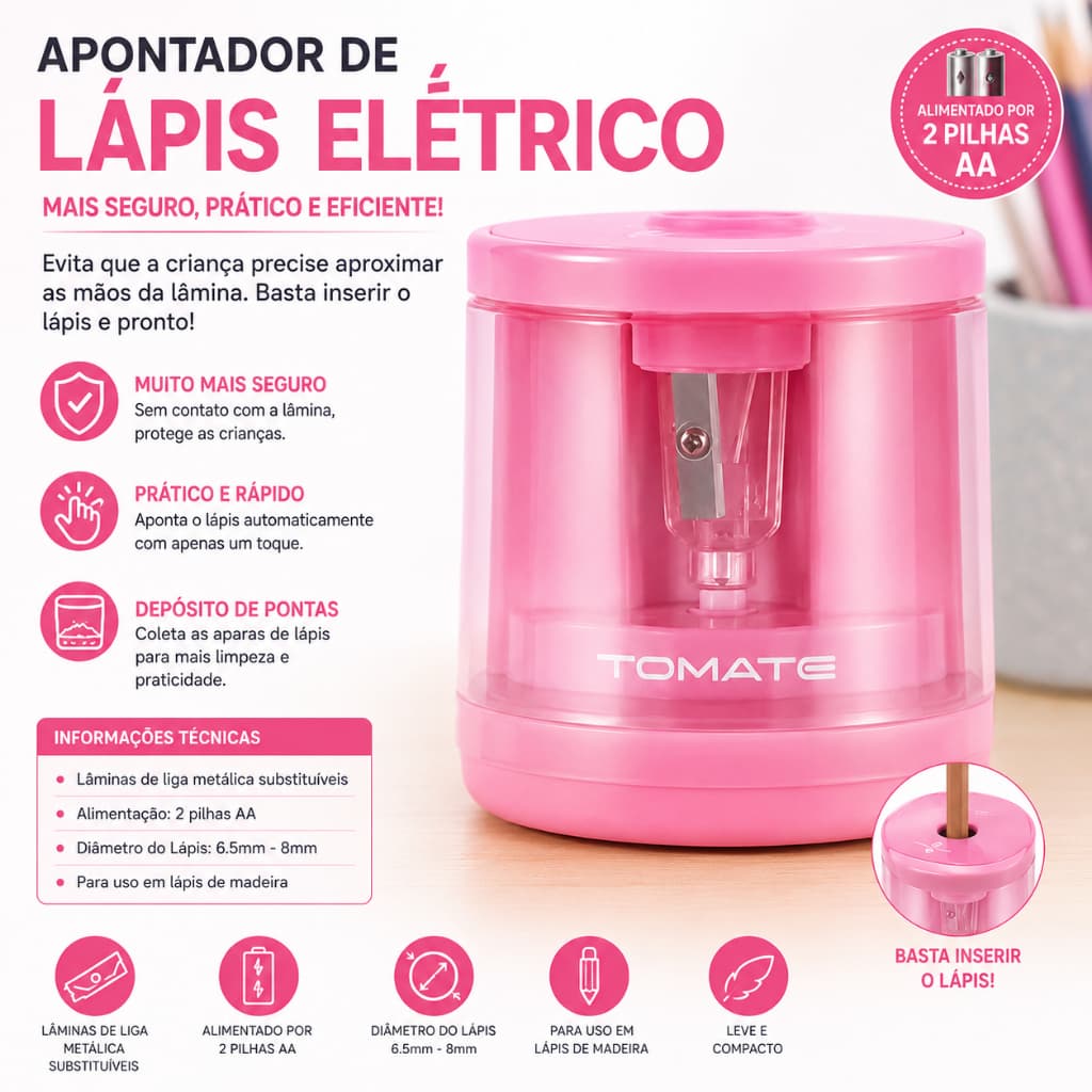 Apontador de Lápis Elétrico Infantil Seguro Alimentado por 2 Pilhas AA - Rpsa