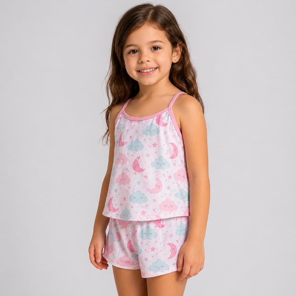 Pijama Baby Doll Infantil Meninas Estampado de Alcinha Confortável Leve e Soltinho