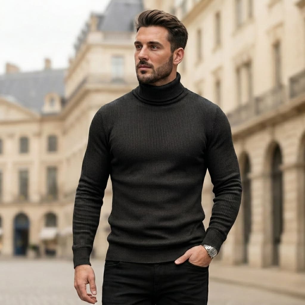 Cacharrel Masculina Ribana Canelada Gola Alta Manga Comprida Inverno Elegante Básica