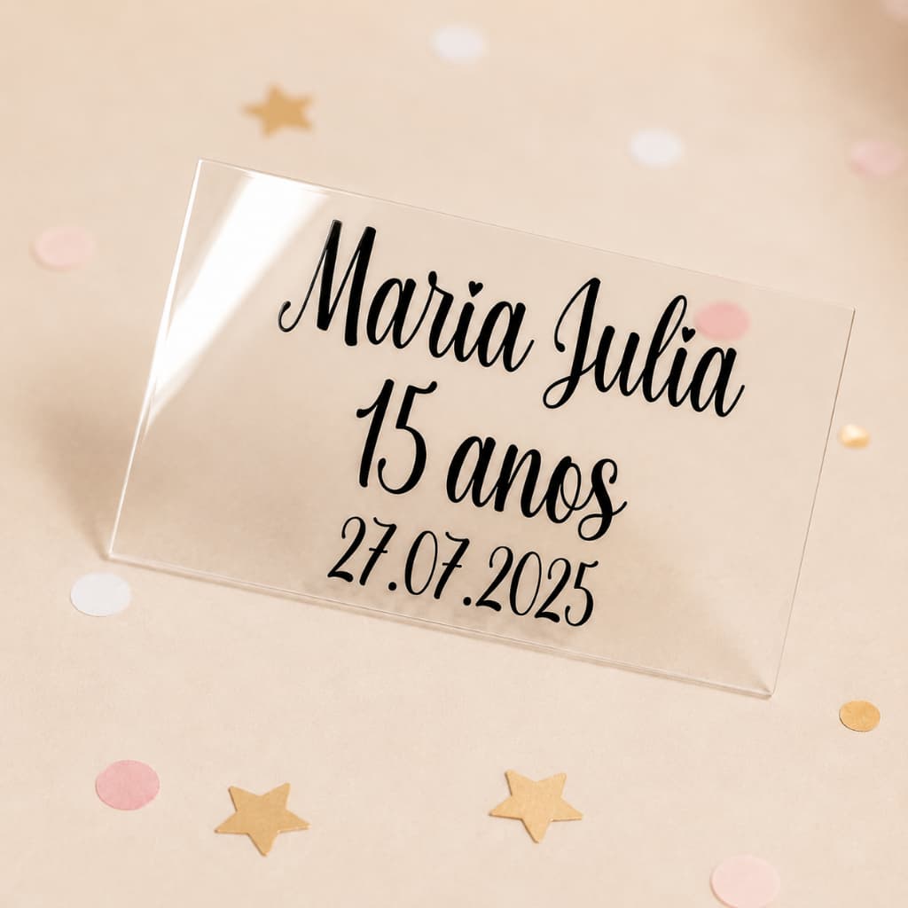 Adesivo Personalizado 5x4cm Casamento Aniversário Festa | Vinil Transparente ou Branco