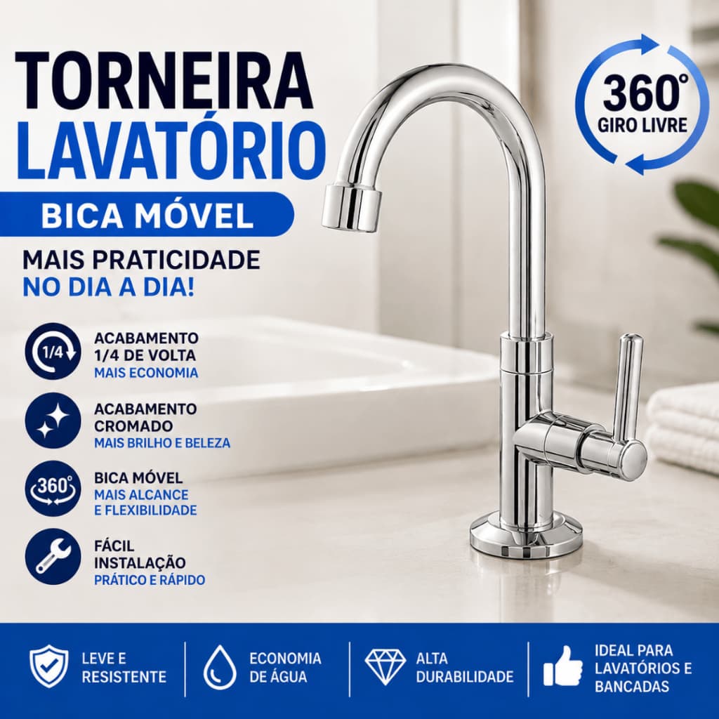 Torneira Banheiro Lavatório Bica Móvel Cromada ABS 1/4 Volta Bancada Econômica Premium