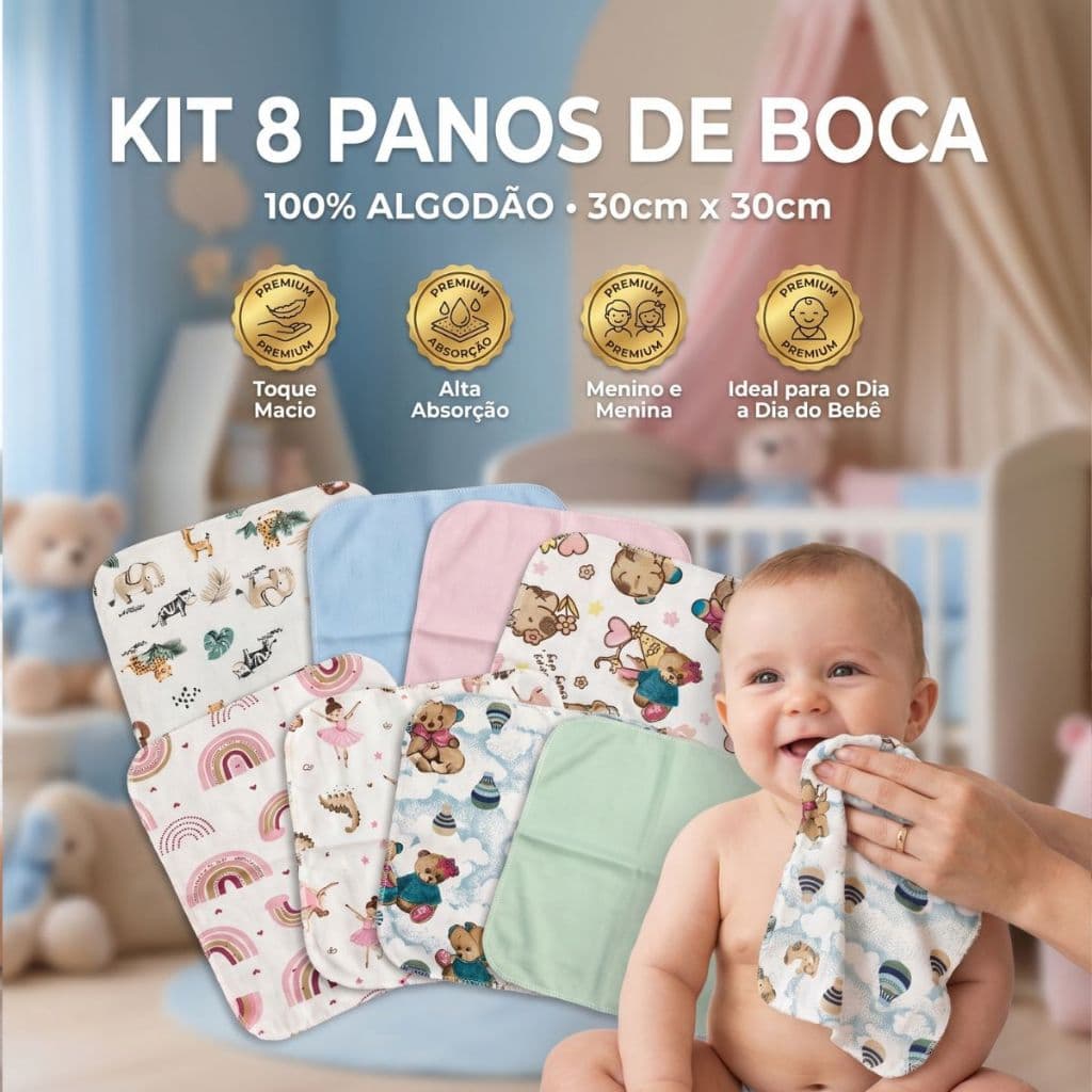 Kit 8 Pano De Boca Bebe Infantil 30x30cm 100% Algodão Fralda Babete Estampado Menino E Menina