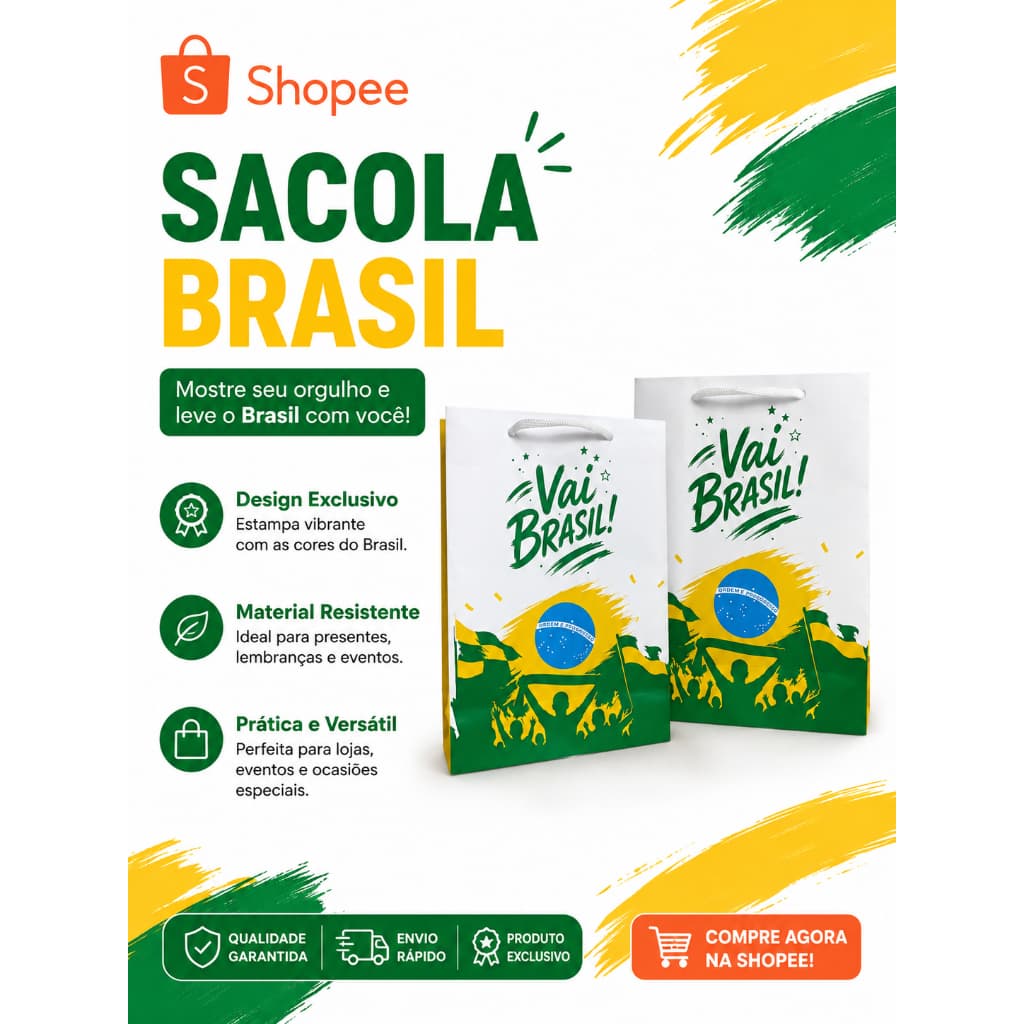 Sacola Personalizada Copa do Mundo Brasil 21x15x7,5cm | Papel 150g | Loja, Perfume, Celular, Bijuteria e Presentes