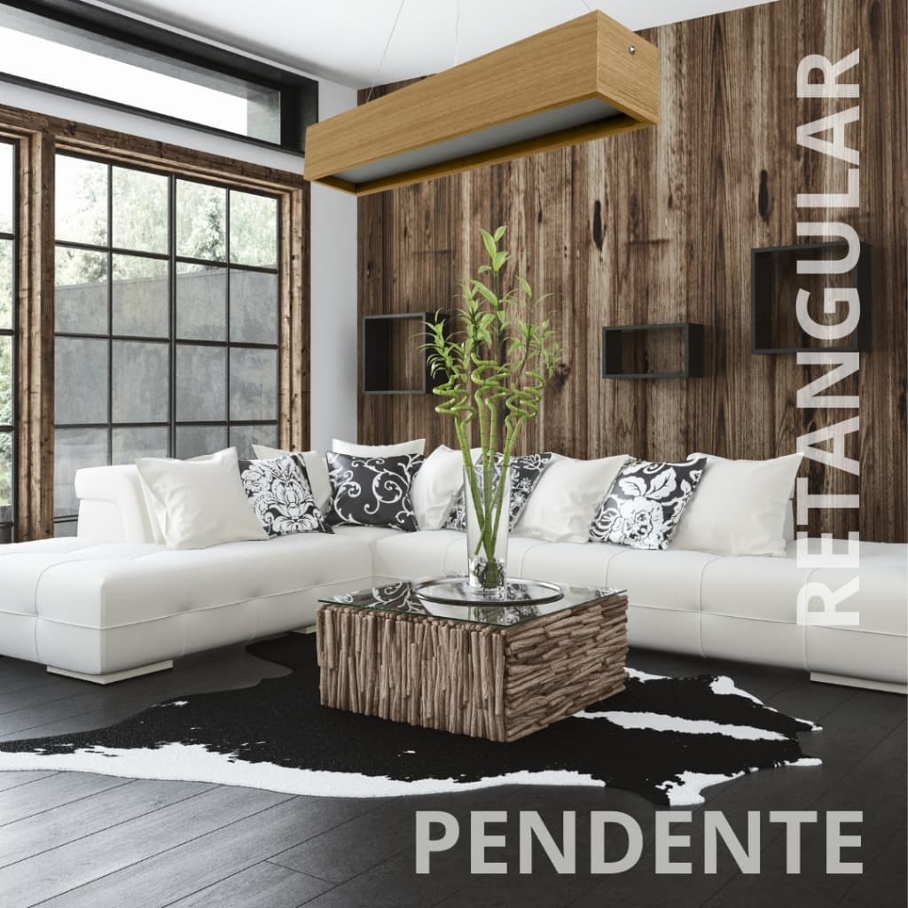 Pendente Retangular 64x13cm Luminária Teto Madeira Moderna 2 Luzes Soquete G13 Sala Jantar Cozinha Quarto