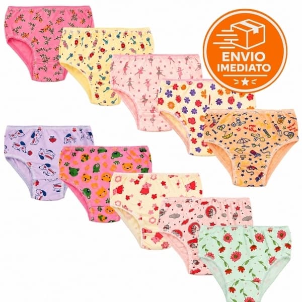 Kit 5 a 10 Calcinhas Infantis Menina Bebê 100% Algodão Forro Confortável Estampada de 0 a 12 Anos
