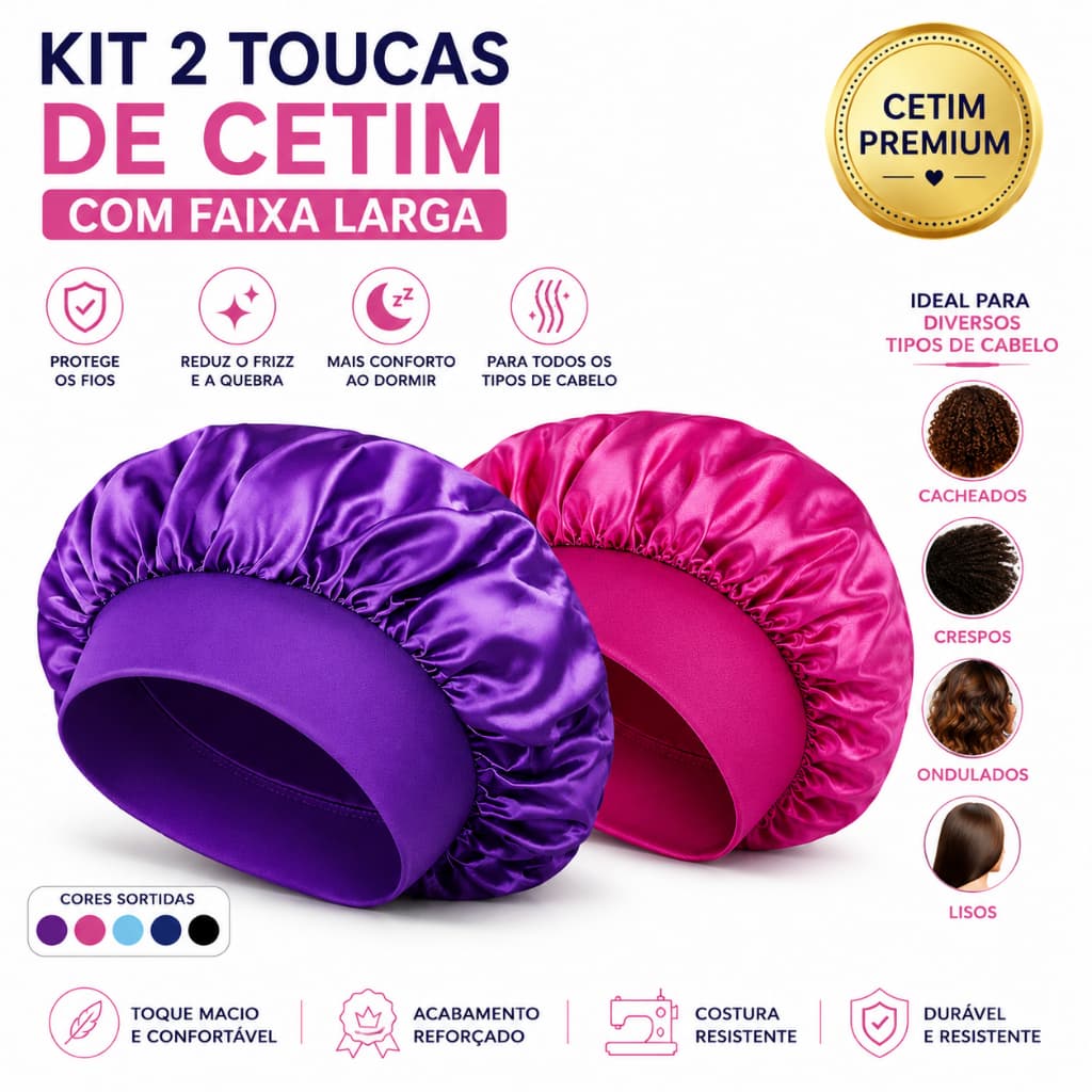 Kit 2 Toucas de Cetim com Faixa Larga Proteção Noturna para Cabelos Anti-Frizz 30 cm, Cores Sortidas