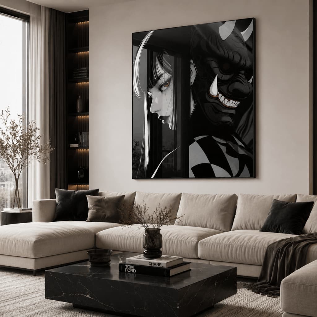 Quadro Decorativo Anime Oni Máscara Japonesa Arte Dark Geek Premium Com Variações Para Quarto