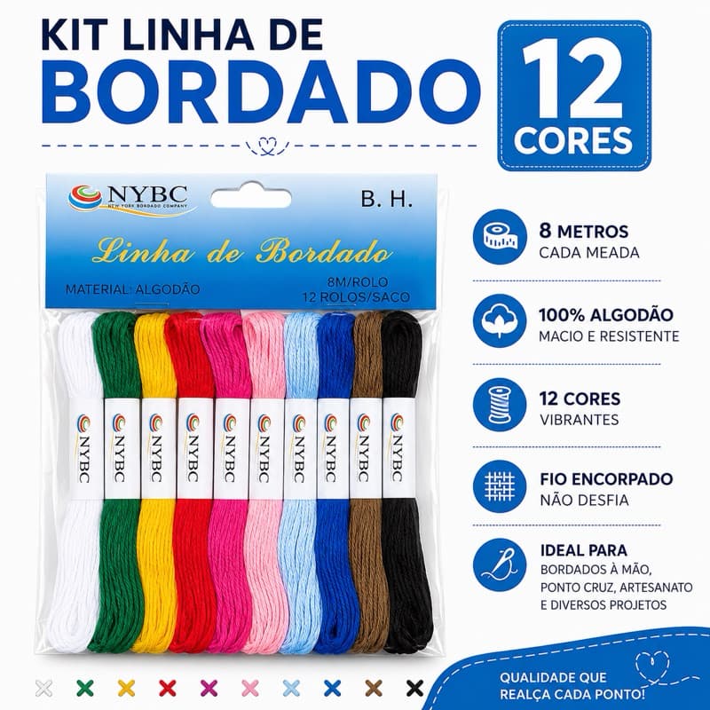 Kit Linhas Meadas Para Bordar C/ 12 UNIDADES 8MTS 100% Algodão - Cores sortidas NYBC
