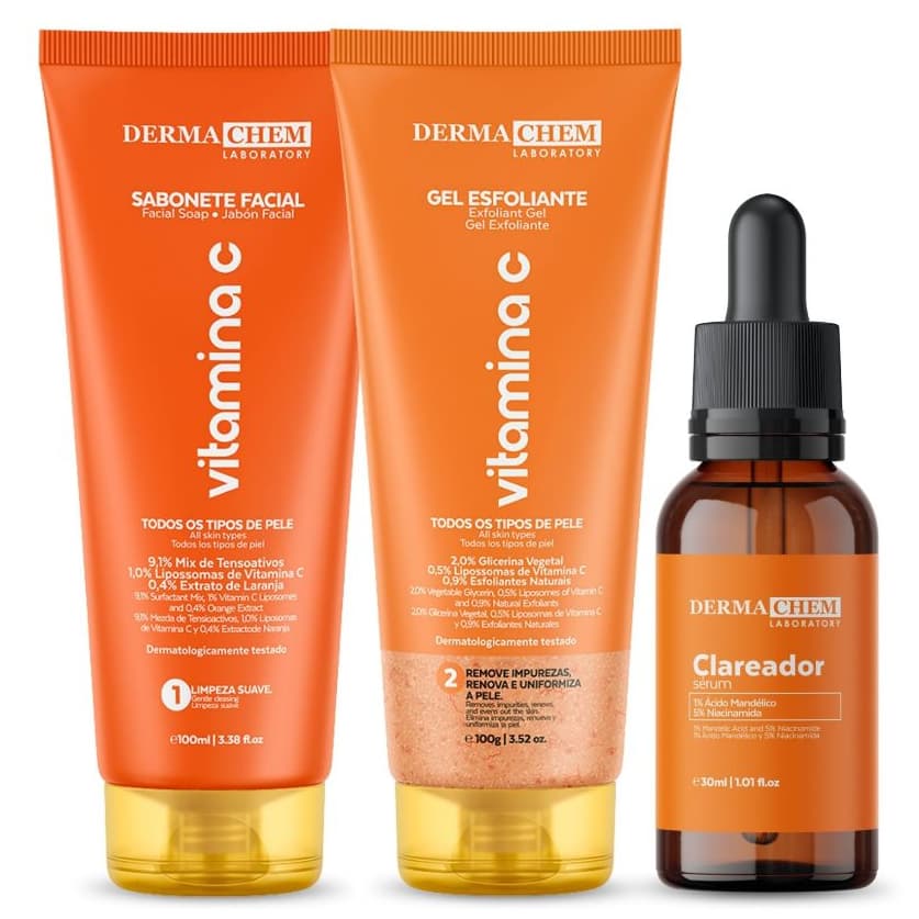 Kit Skincare Vitamina C Completo Dermachem Limpeza Esfoliação e Hidratação Facial