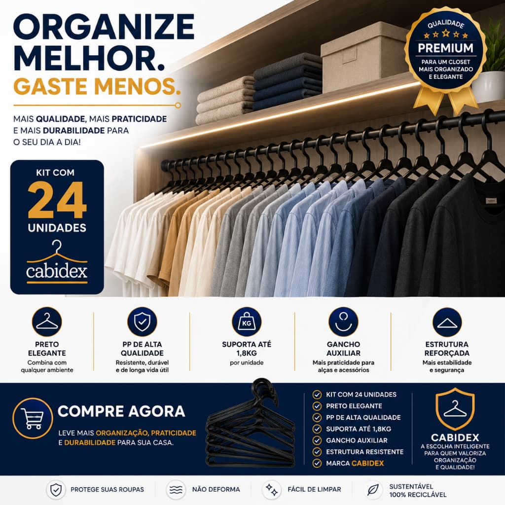 Kit 24 Cabides Pretos Cabidex Pp  Reforçados Com Ganchos