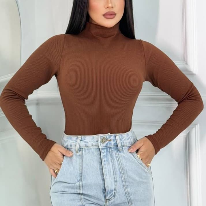 Cacharrel Feminina Ribana Canelada Gola Alta Manga Longa Inverno Elegante