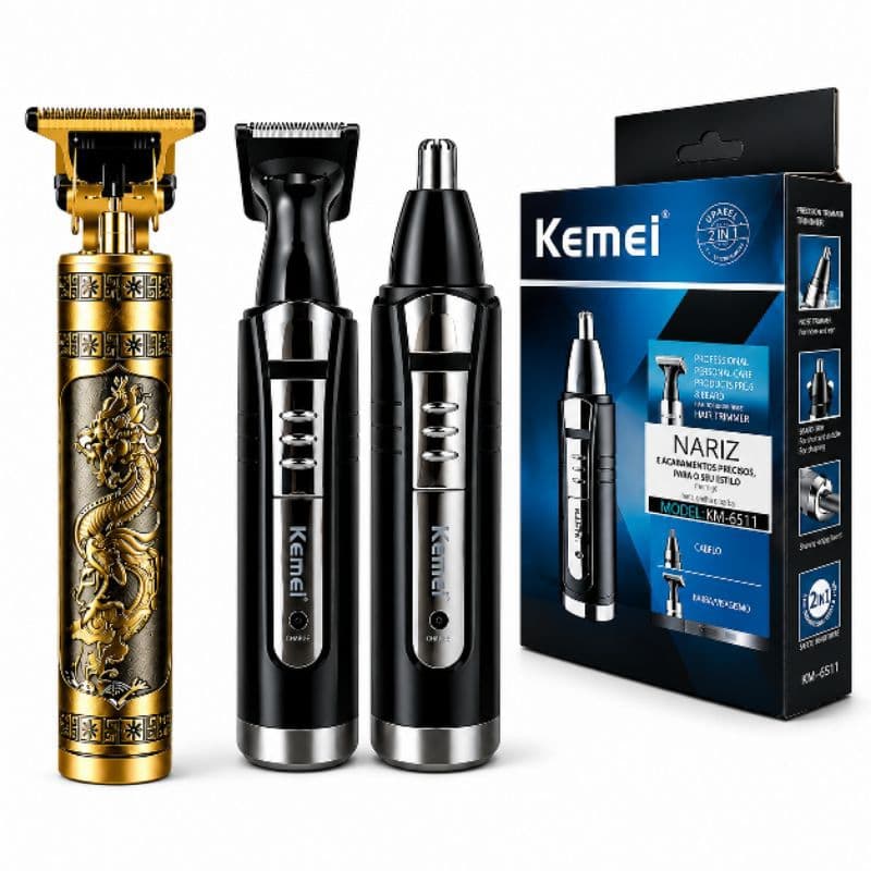 Kit 2 em 1 Kemei KD-6511 + Máquina Dragão Barbeador Cortador Cabelo Barba Recarregável