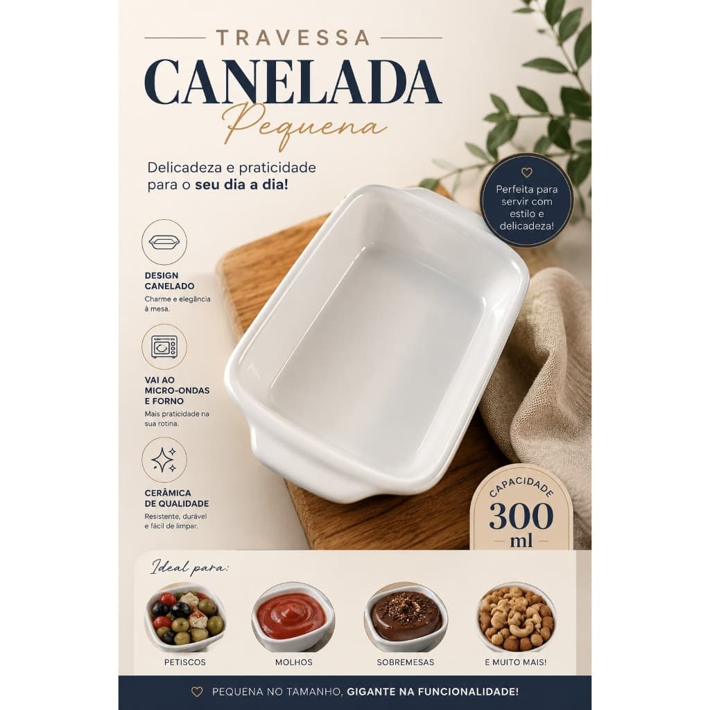 Travessa Pode ir ao forno Canelada Pequena 300ml Porcelana Branca Assadeira Forno Mesa