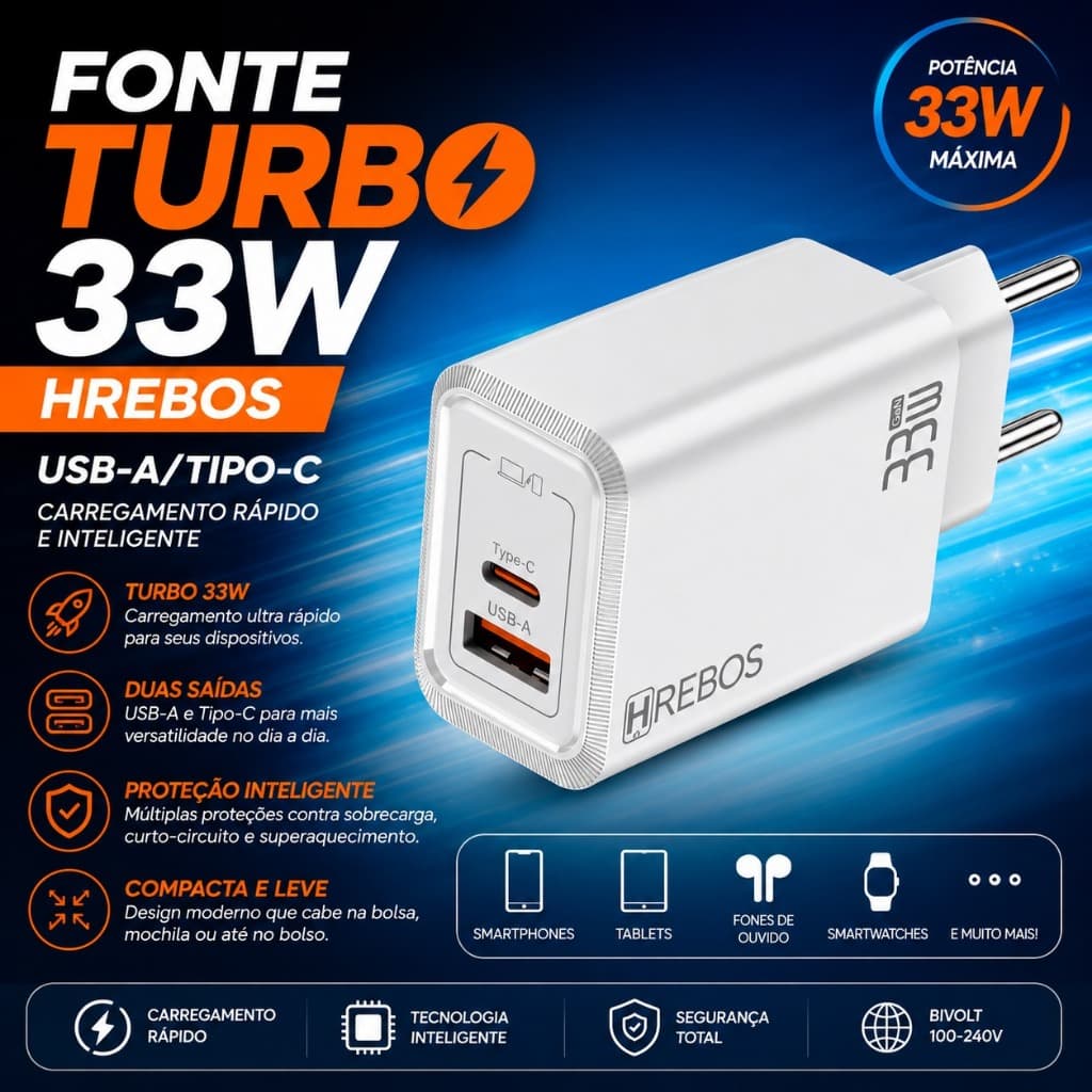 Fonte Turbo 33W HREBOS USB-A + Tipo-C Carregador Rápido CRG-233 Fluxion Charge