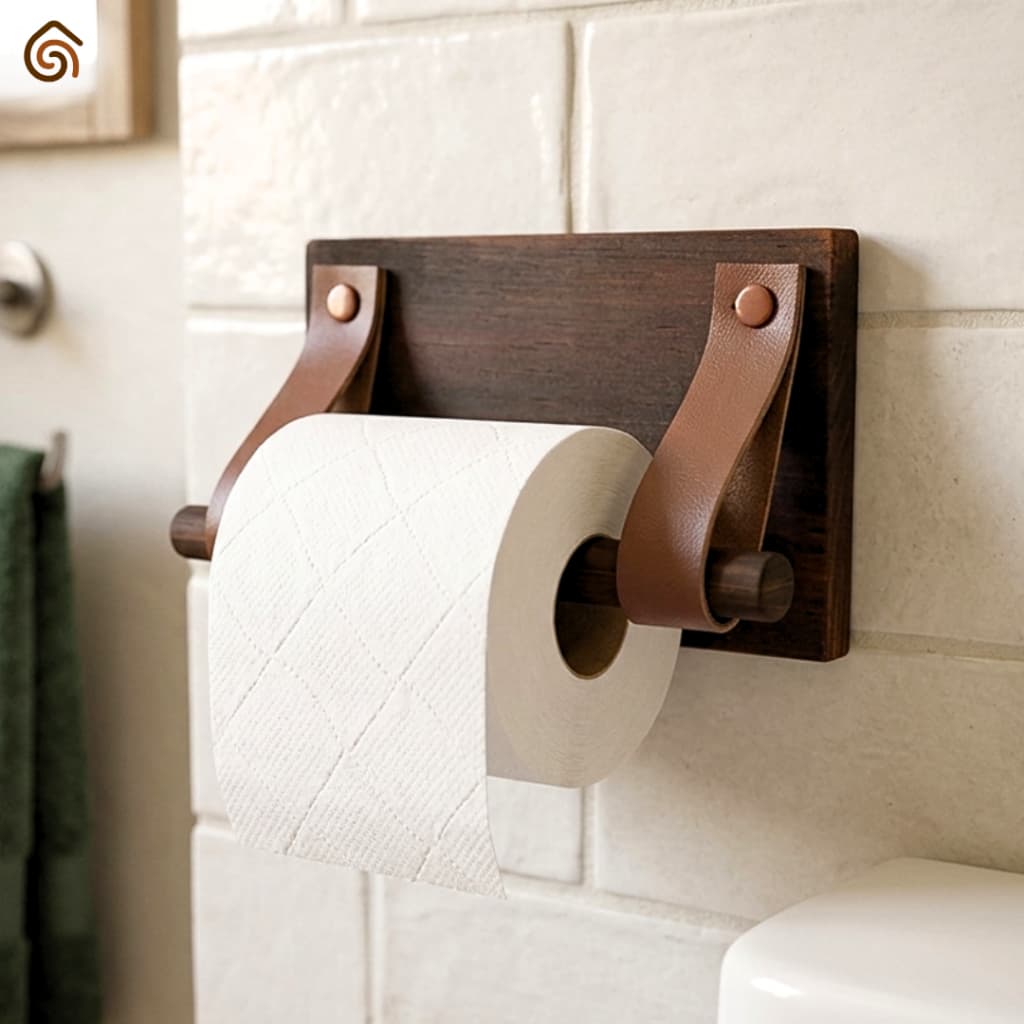 Suporte de Papel Higiênico em Madeira e Couro Decoração Rústica Banheiro | Casa Madêco