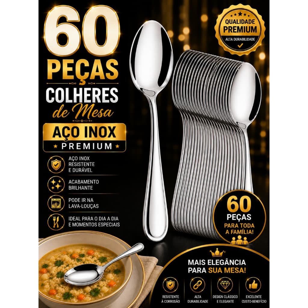 Kit 60 Colheres de Mesa em Aço Inox Resistente Premium
