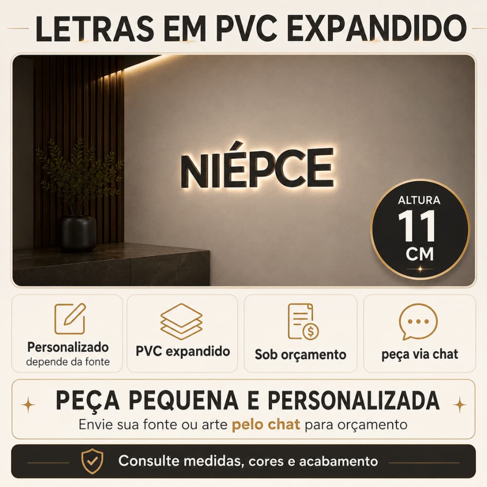 letra caixa com led, letreiro iluminado, logomarca personalizada, projeto NIÉPCE em pvc 11x55cm