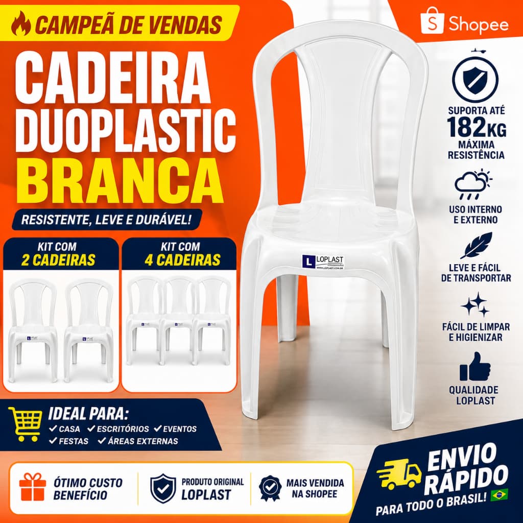 Kit com 2 ou 4 Cadeiras Duoplastic Branca - Suporta até 182kg