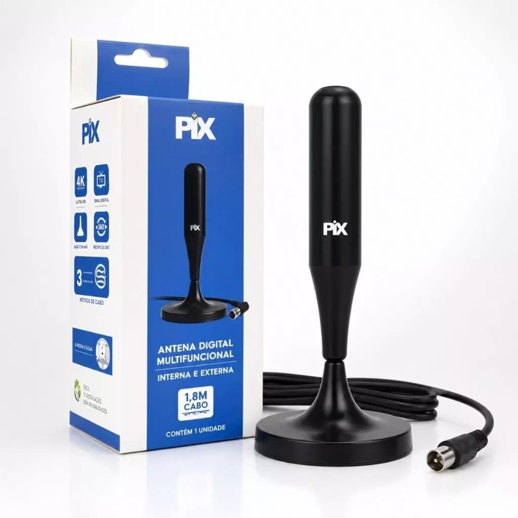 Antena Digital Pix Interna E Externa 4k Ultra HD Cabo 1,80 Metros Fácil Instalação