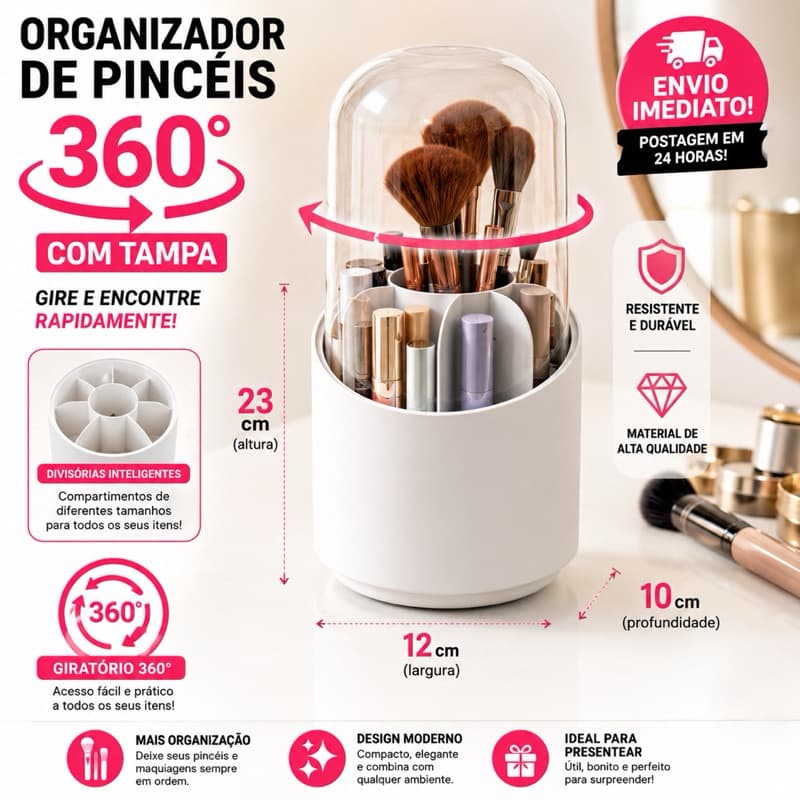Organizador Giratório 360° com Tampa para Pincéis e Acessórios de Maquiagem Sortidos