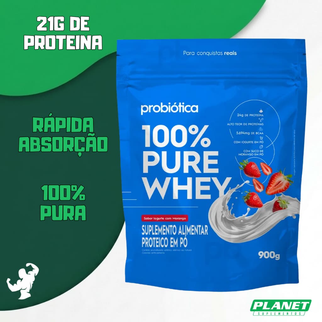 100% Pure Whey 900g Refil Probiótica Economia Aumento Ganho de Massa Muscular Prático Saboroso