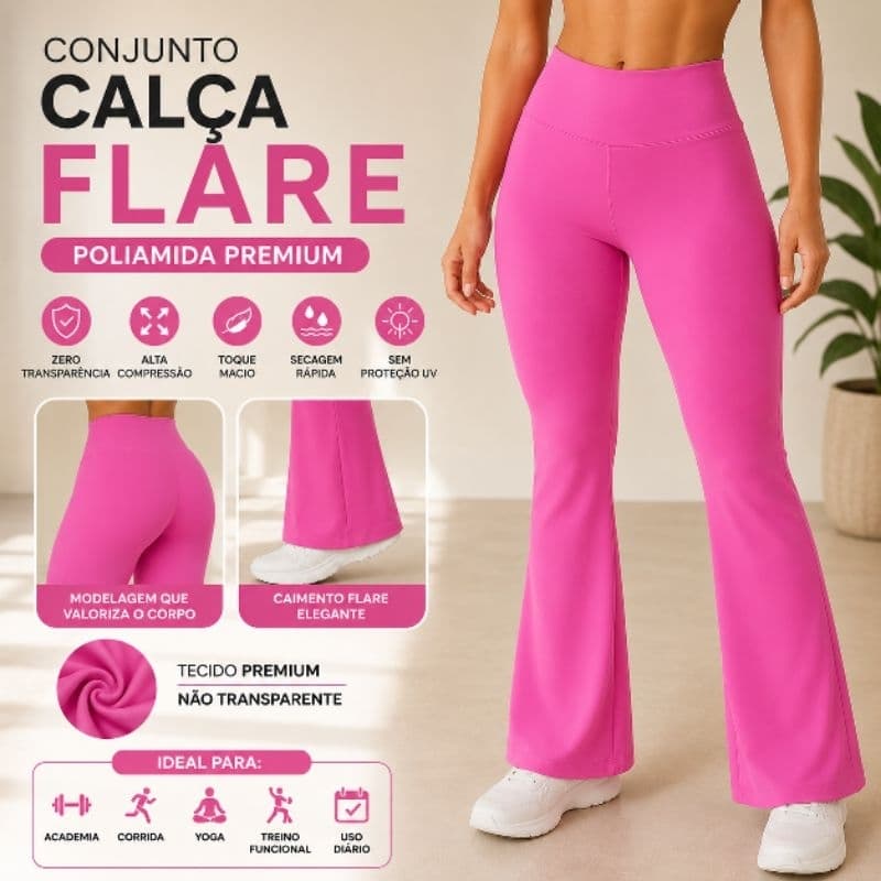 Calça Flare Feminina Poliamida Blackout Cintura Alta Academia
