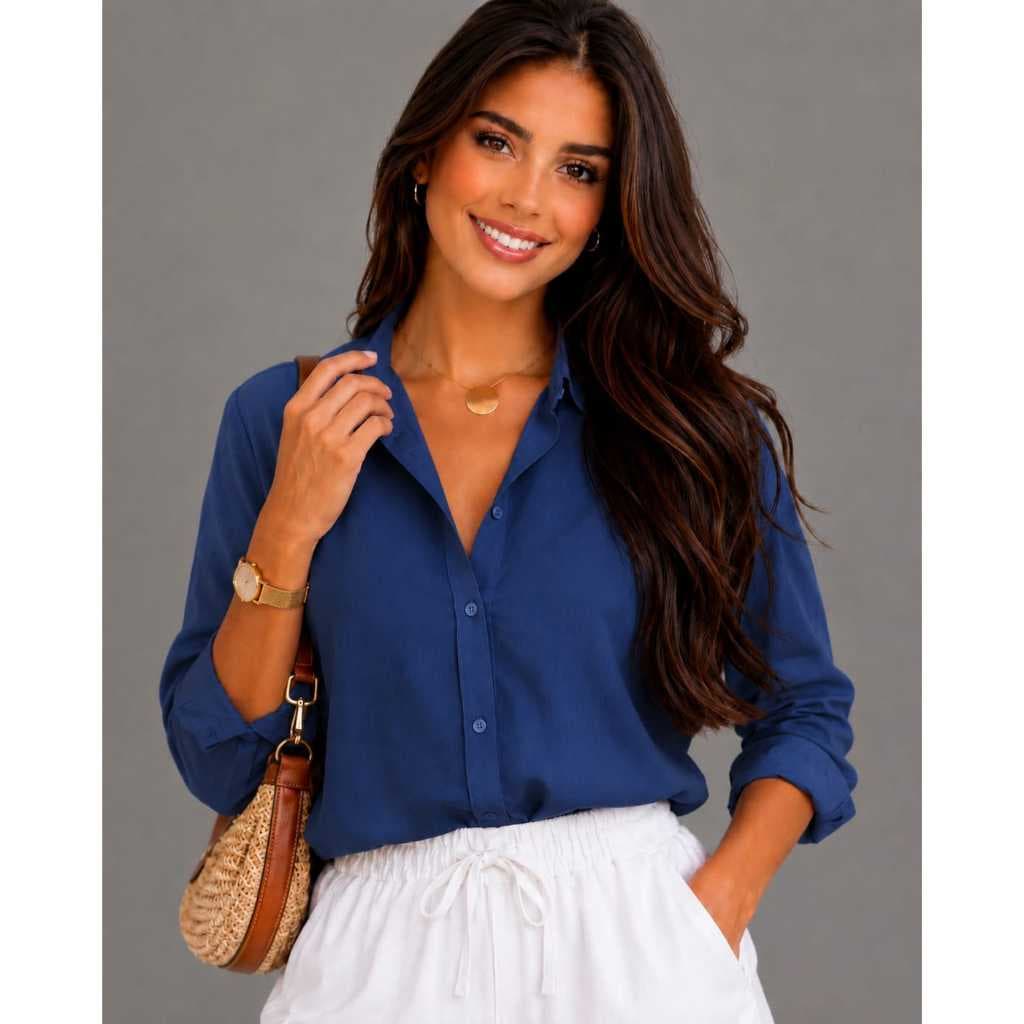 Camisa Feminina Viscolinho Manga Longa Blusa Social Casual Elegante Trabalho Tendência Estilosa CB