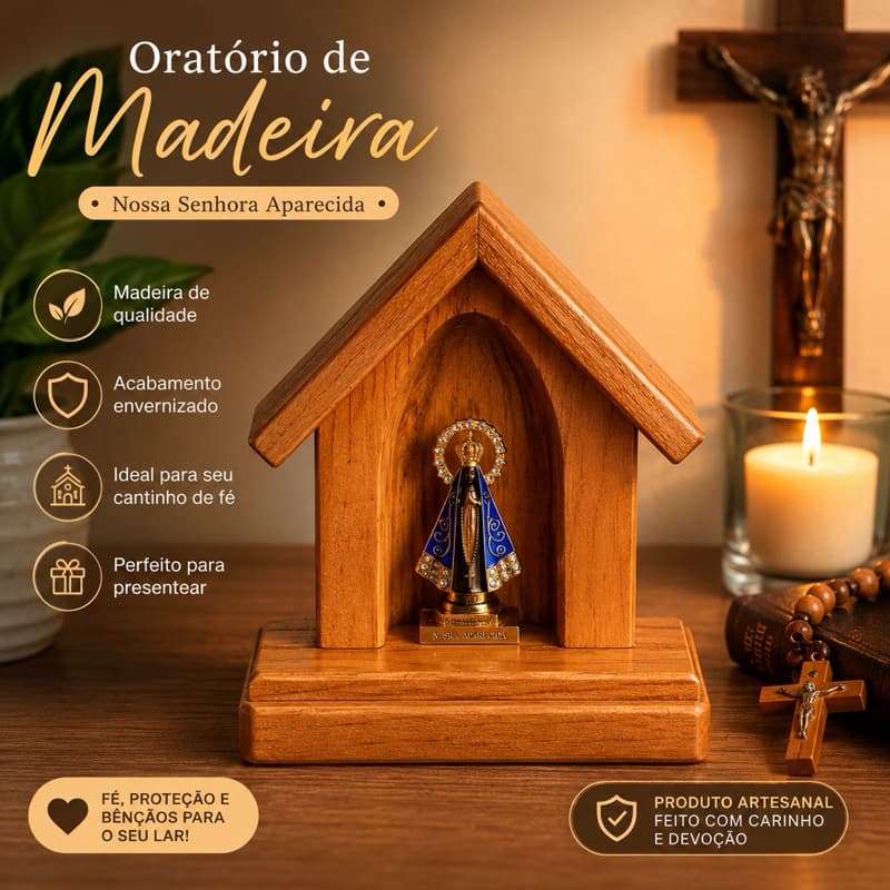 Capelinha Nossa Senhora Aparecida em Madeira Rústica | Oratório Católico Decorativo