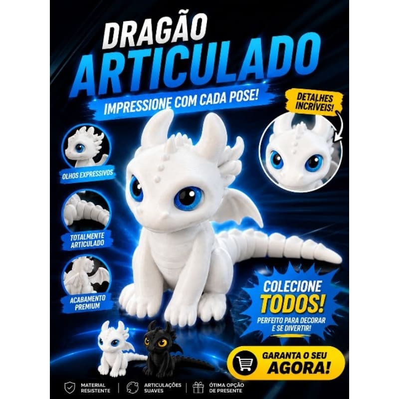 DRAGÃO ARTICULADO PREMIUM | COLECIONÁVEL GEEK | DECORAÇÃO GAMER | PRESENTE CRIATIVO | BRANCO E PRETO
