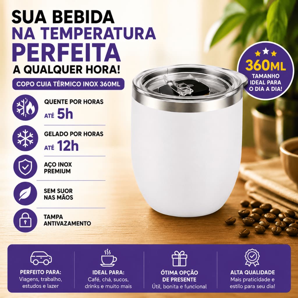 Copo Térmico com Tampa Acrílica Pequeno Inox Cuia Ovo Antivazamento 360ml Quente e Gelado por Horas