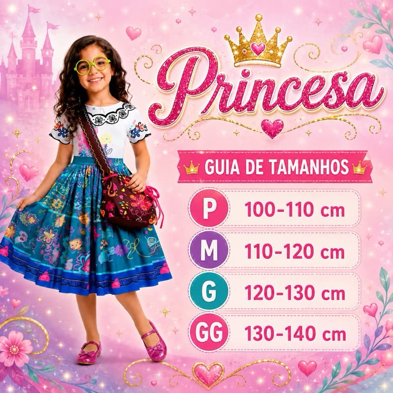 Fantasia Mirabel Infantil Princesa Vestido com bolsinha