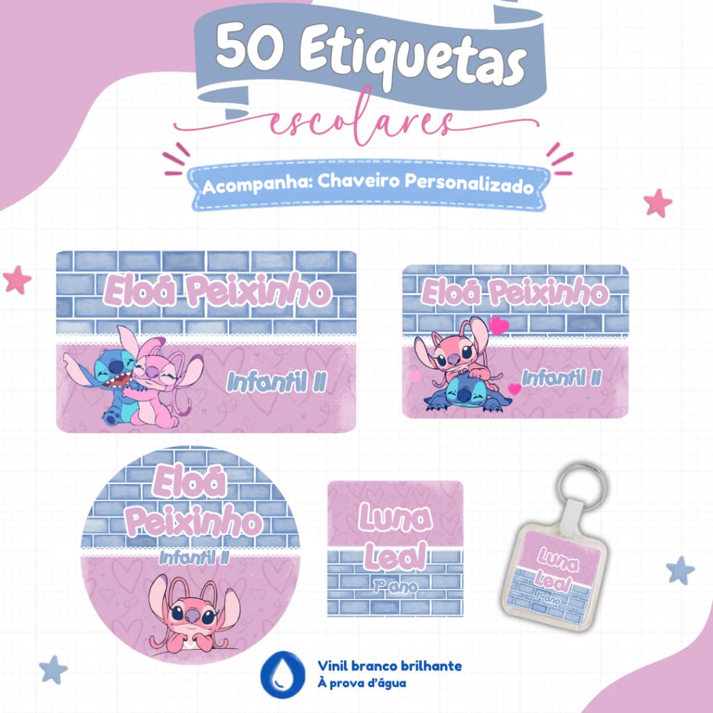 Etiqueta escolar LILO E STITCH - Etiqueta escolar com chaveiro - Diversos temas - Etiquetas STITCH