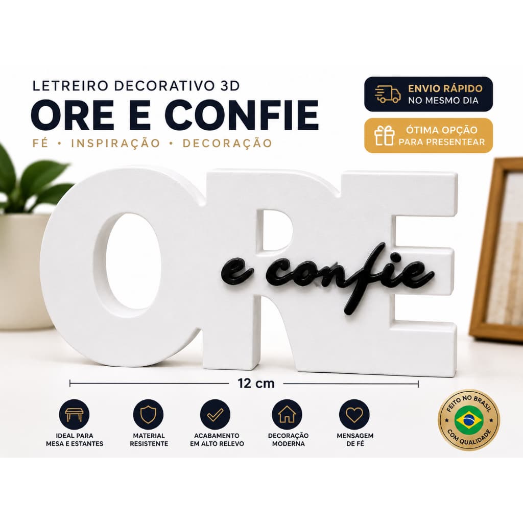 Letreiro Enfeite Cristão Ore e Confie Decorativo Mesa Estante Presente Religioso Fé, Design Moderno e Elegância