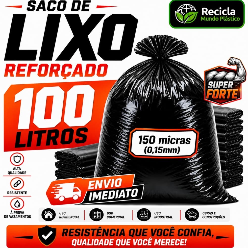 Saco De Lixo 100 Litros Reforçado Resistente Casa Grosso Entulhos Obras Limpeza 150 Micras