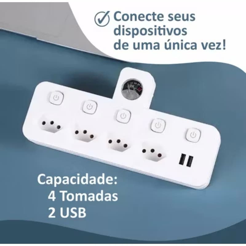 Super Filtro de Linha com Adaptador 4 Tomadas 2 usb com Voltímetro Bivolt