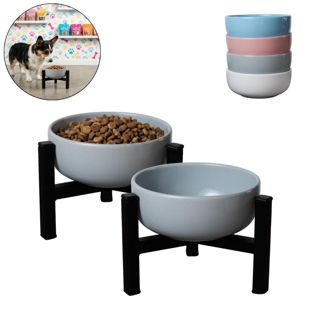 Kit 2 Comedouro Elevado Caes Gatos Cerâmica 650ml Antiderrapante Pet Luxo